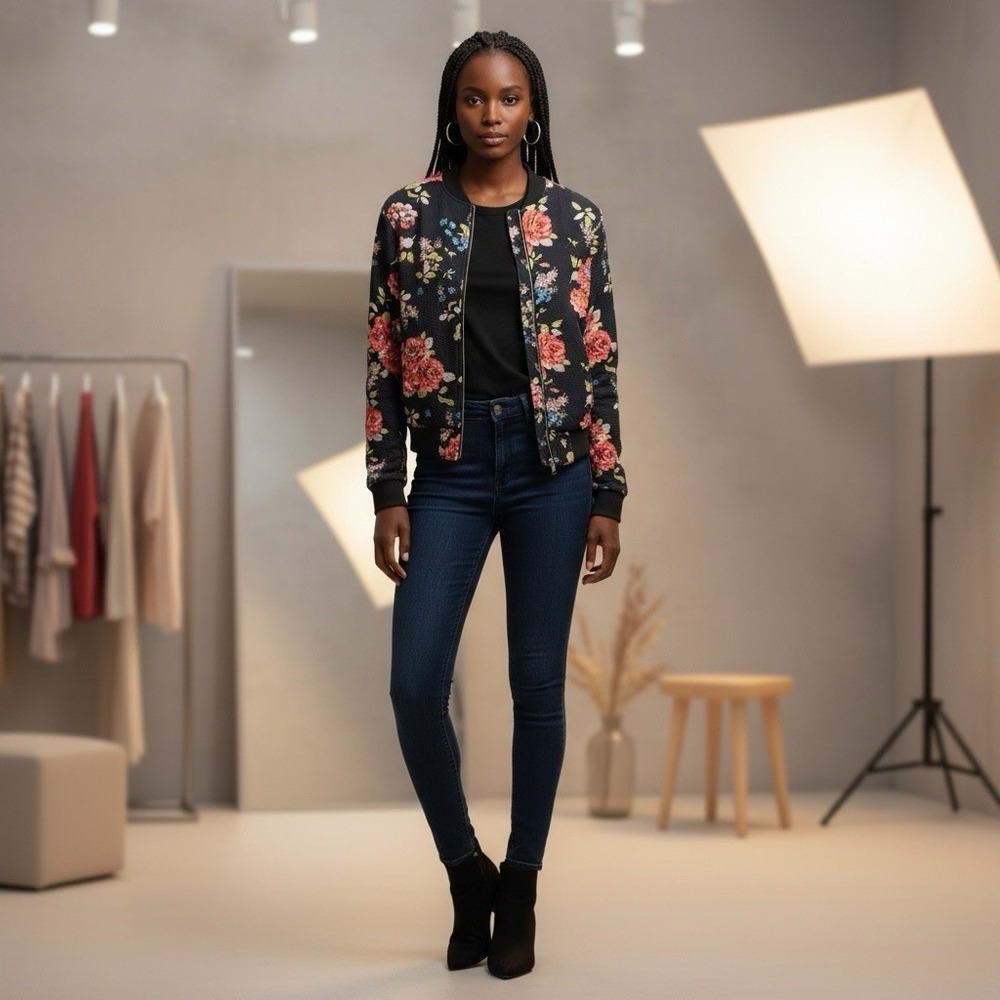 MEDIUM Love Tree Floral Textured Navy Zip Jacket Lightweight - Picture 2 of 8